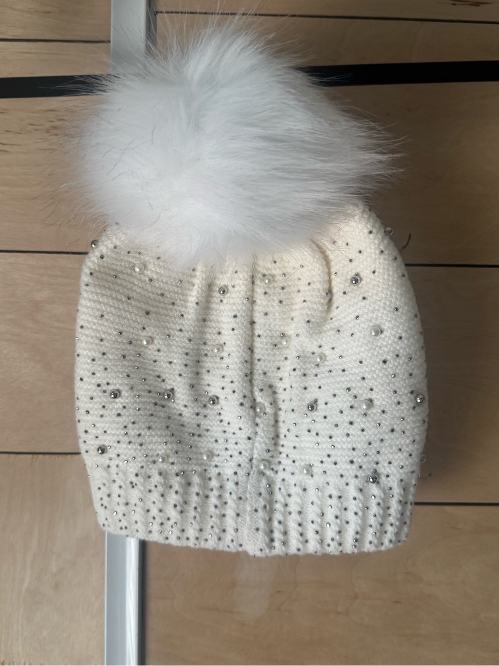 Cream Knit Pom Hat with Faux Fur Pom and Rhinestones